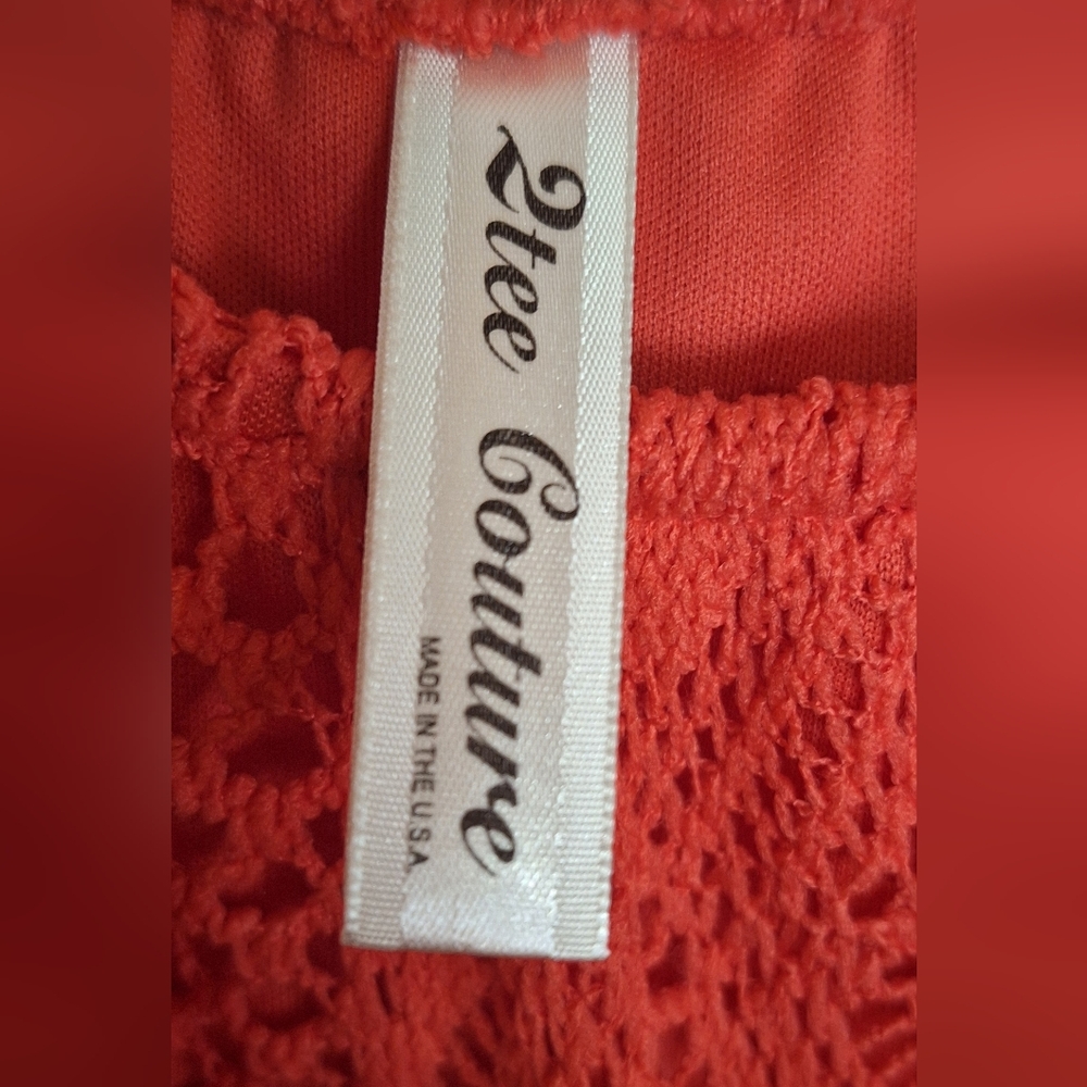 2tee Couture Bright Red Crochet Dress Size Large Open Flow Flutter Bell Sleeves - Picture 2 of 7